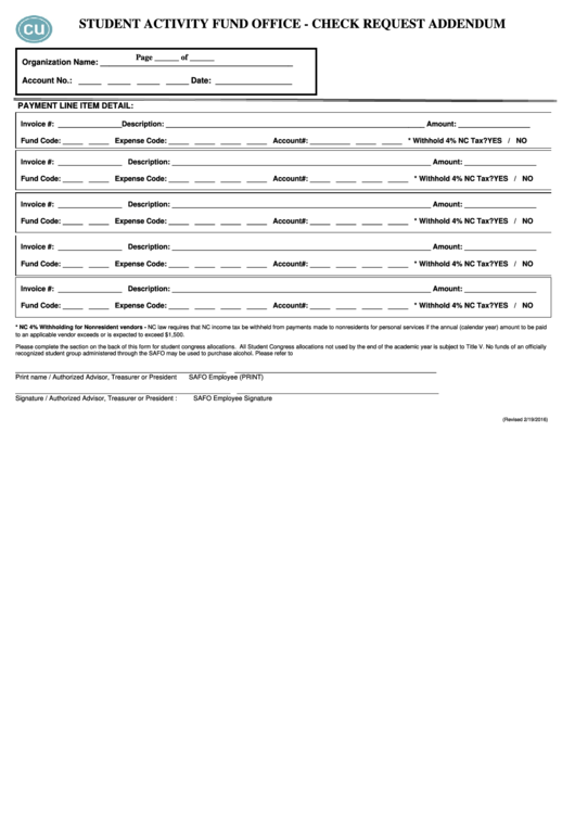 Student Activity Fund Office - Check Request Addendum Form