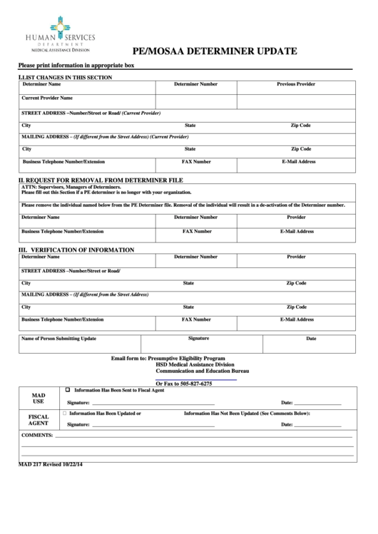 Fillable Form Mad 217 - Pe/mosaa Determiner Update - Human Services Department Printable pdf