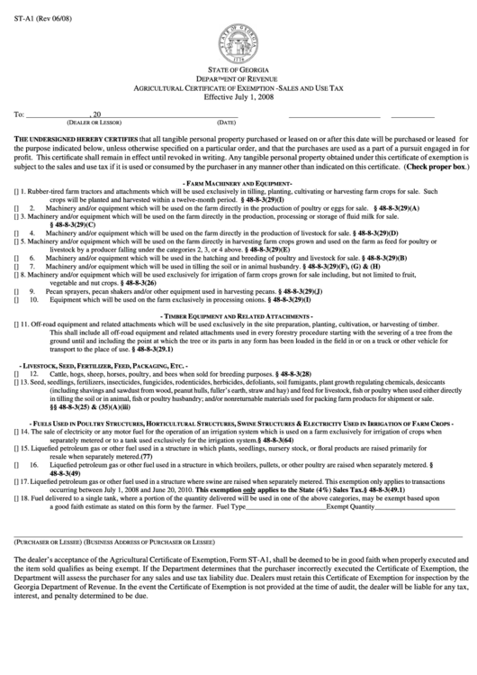 Form St-A1 Agricultural Certificate Of Exemption - Sales And Use Tax Printable pdf