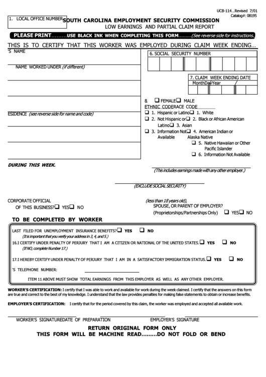 Low Earnings And Partial Claim Report Form - South Carolina Employment Security Commission
