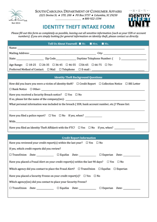 Identity Theft Intake Form - South Carolina Department Of Consumer Affairs Printable pdf