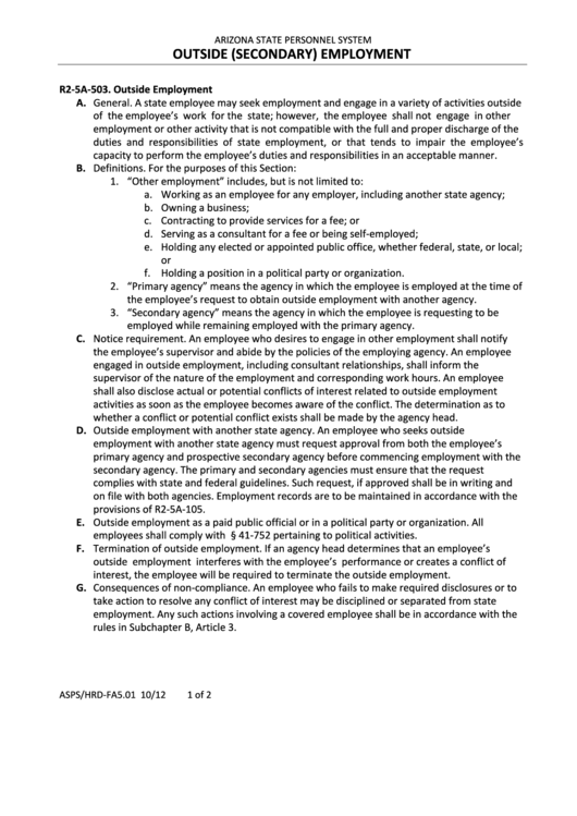 Form Asps/hrd-Fas.01 - Outside (Secondary) Employment - Arizona State Personal System Printable pdf