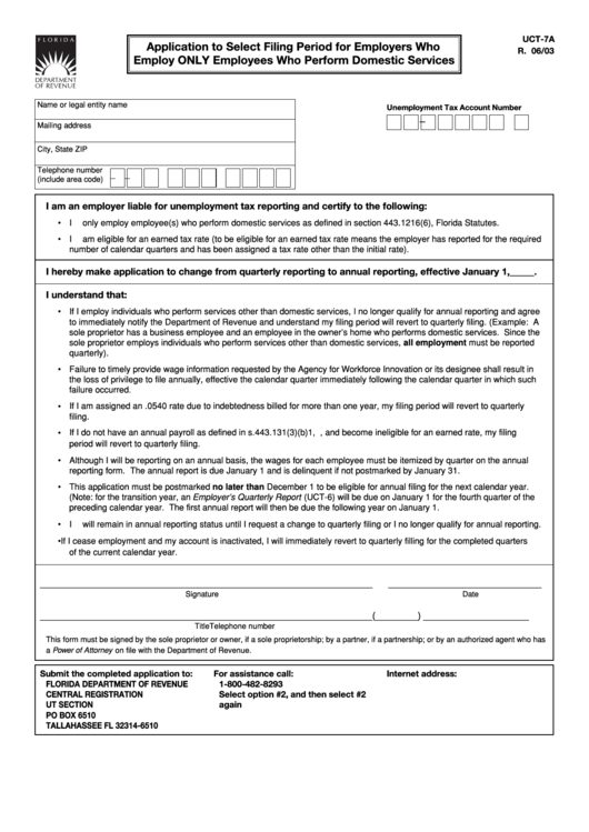 Form Uct-7a Application To Select Filing Period For Employers Who Employ Only Employees Who Perform Domestic Services Printable pdf