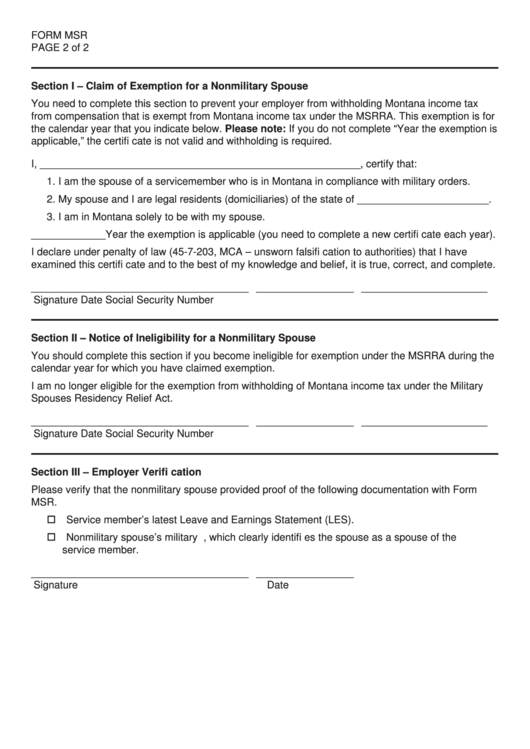 Form Msr - Claim Of Exemption For A Nonmilitary Spouse Printable pdf