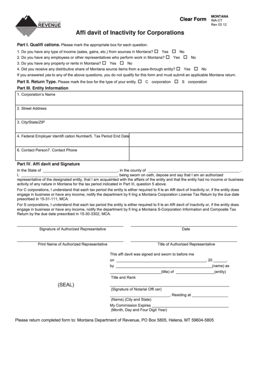 Fillable Ina-Ct - Affidavit Of Inactivity For Corporations Form 2012 Printable pdf