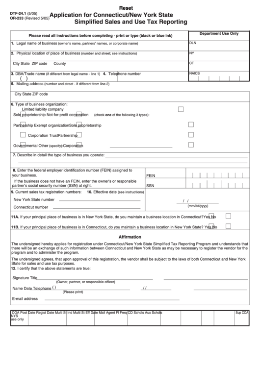 Fillable Form Dtf-24.1 - Application For Connecticut/new York State Simplified Sales And Use Tax Reporting Printable pdf