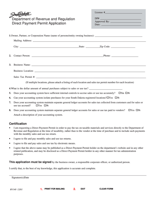 Fillable Form Rv140 - Direct Payment Permit Application - 2001 Printable pdf