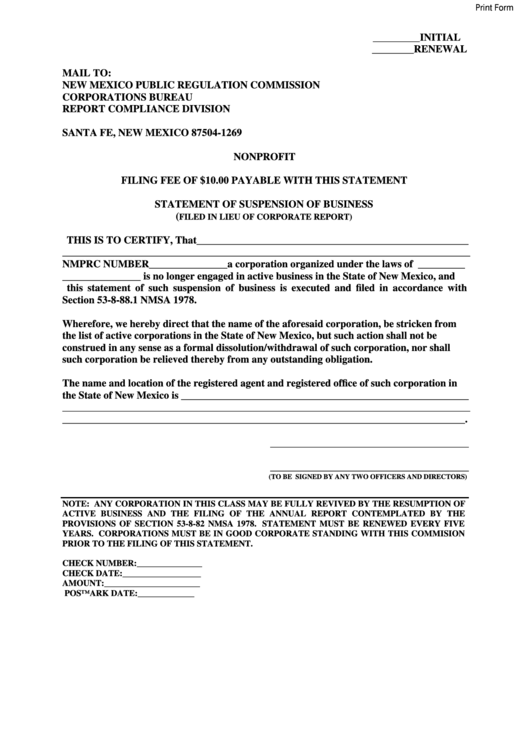 Fillable Statement Of Suspension Of Business (Filed In Lieu Of Corporate Report) Nonprofit Template Printable pdf