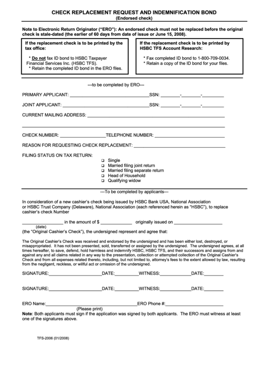 Form Tfs-2006 Check Replacement Request And Indemnification Bond Printable pdf