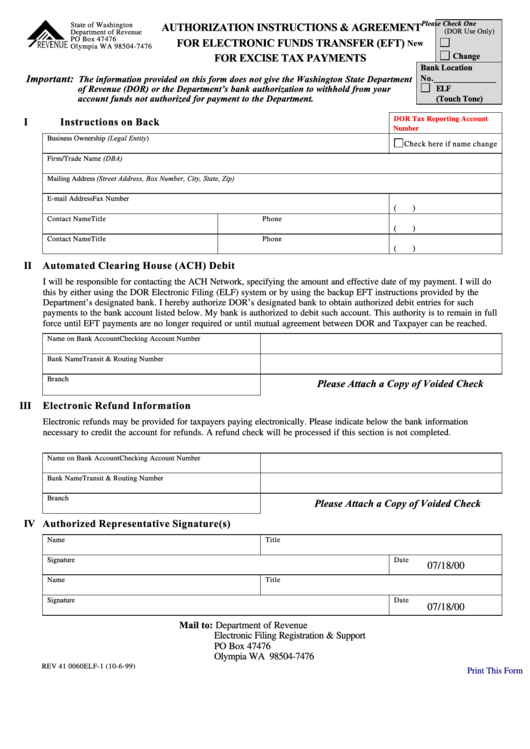Authorization Instructions & Agreement For Electronic Funds Transfer (Eft) For Excise Tax Payments Form - Washington Department Of Revenue Printable pdf