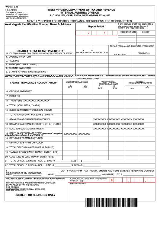 Form Wv/cig-7.09 Monthly Report For Distributors And / Or Wholesalers Of Cigarettes Printable pdf