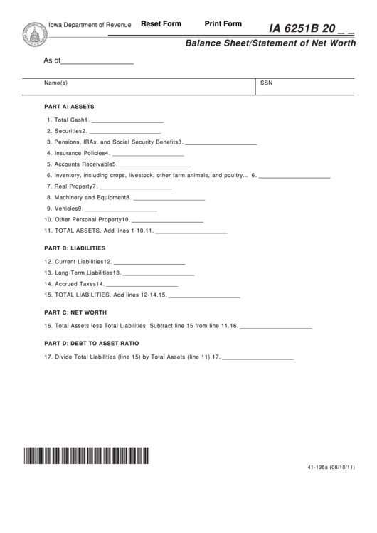 Fillable Form Ia 6251b - Balance Sheet/statement Of Net Worth - 2011 Printable pdf
