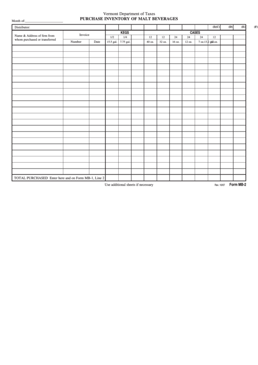 Form Mb-2 Purchase Inventory Of Malt Beverages Printable pdf