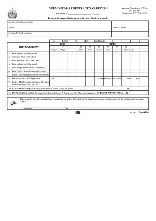 Form Mb-1 Vermont Malt Beverage Tax Return Printable pdf