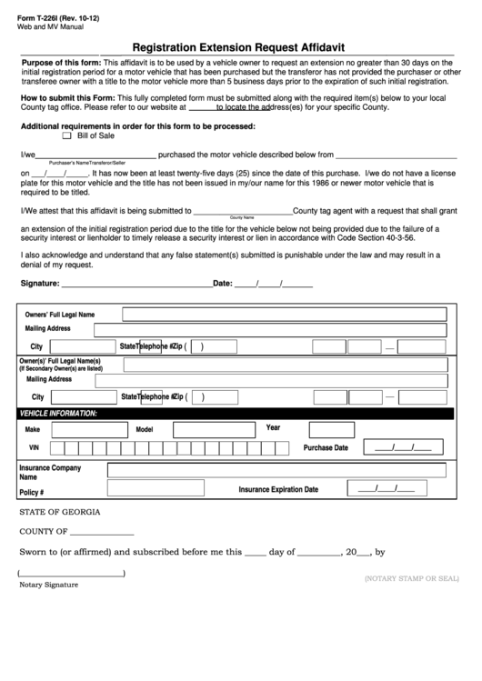 Fillable Form T-226i Registration Extension Request Affidavit Printable pdf