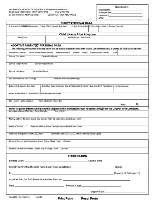 Fillable Form Hea 2757 Certificate Of Adoption Printable pdf