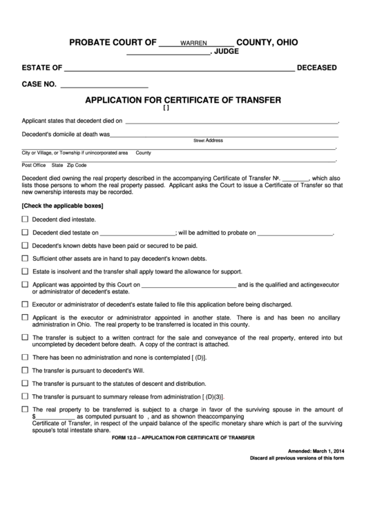 Fillable Application For Certificate Of Transfer Form Printable pdf