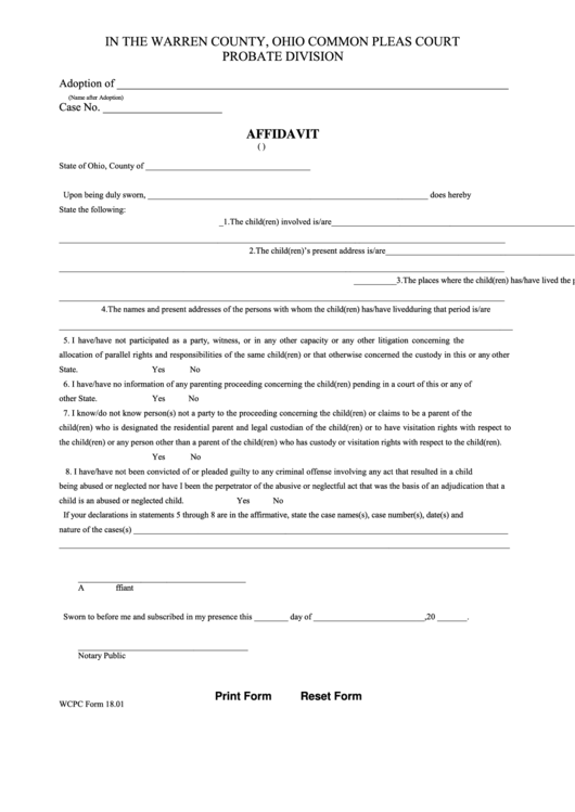 Fillable Wcpc Form 18.01 Affidavit (R.c. 3127.23) Printable pdf