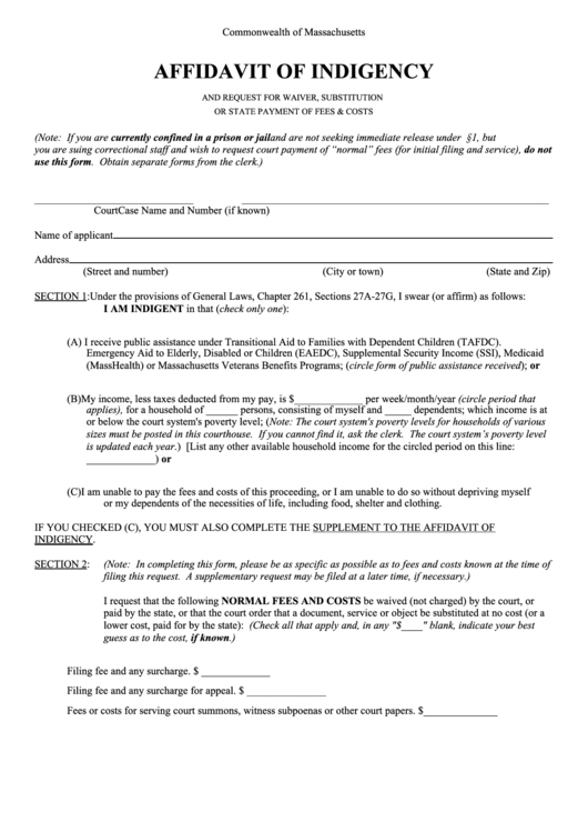 Affidavit Of Indigency Form Printable pdf