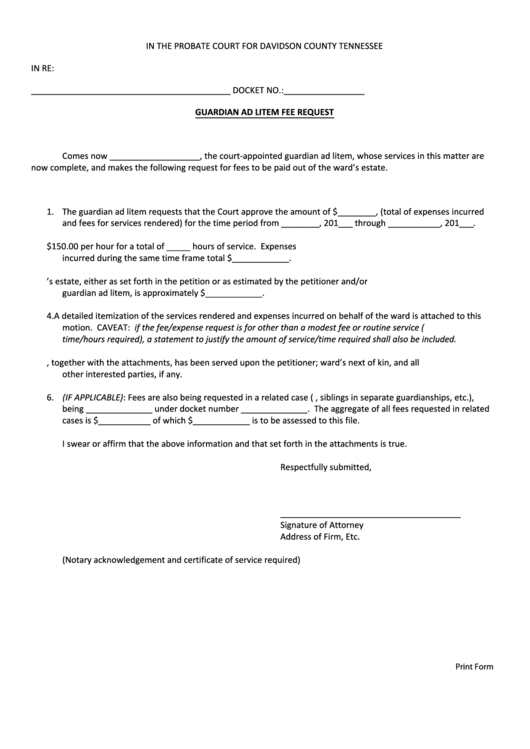 Fillable Fee Request (Guardian Ad Litem) Form Printable pdf