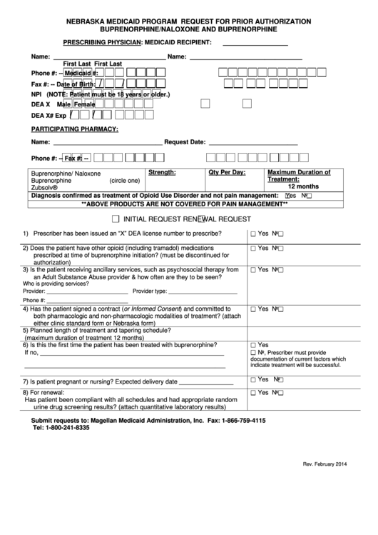 Nebraska Medicaid Program Request For Prior Authorization Buprenorphine/naloxone And Buprenorphine Form