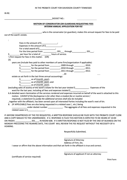 Fillable Motion Of Conservator (Or Guardian) Requesting Fees - Probate Court For Davidson County Tennessee Printable pdf