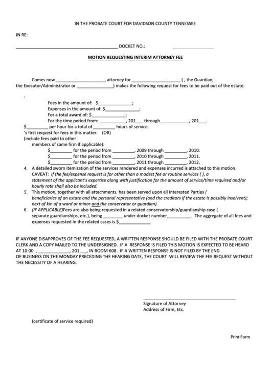 Fillable Motion Requesting Interim Attorney Fee - Probate Court For Davidson County Tennessee Printable pdf
