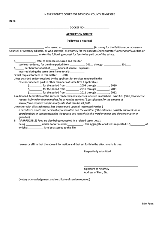 Fillable Application For Fee (Following A Hearing) Form Probate Court For Davidson County Tennessee Printable pdf