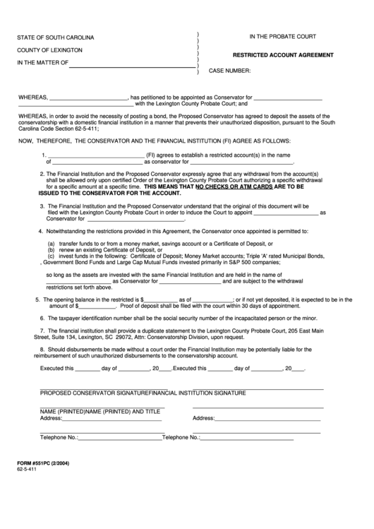 Fillable Form 551pc Restricted Account Agreement County Of Lexington Probate Court Printable pdf