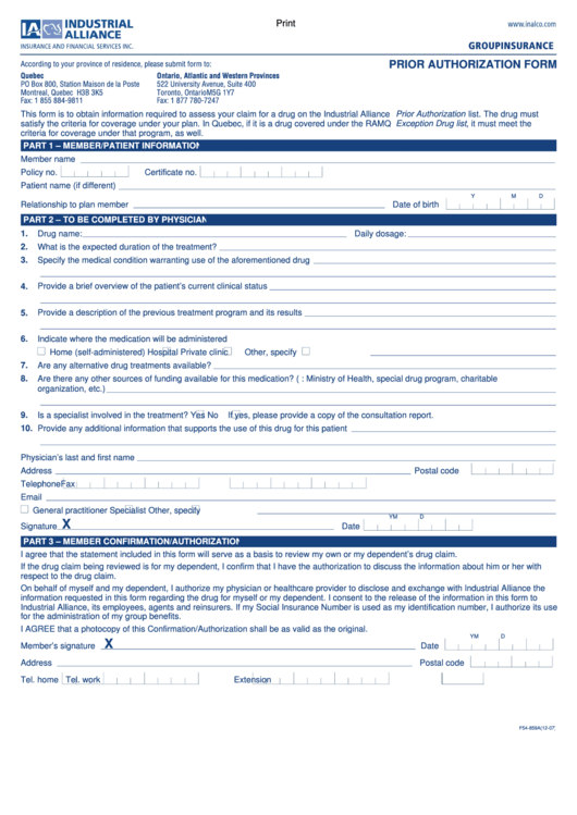 Fillable Industrial Alliance Prior Authorization Form Printable pdf