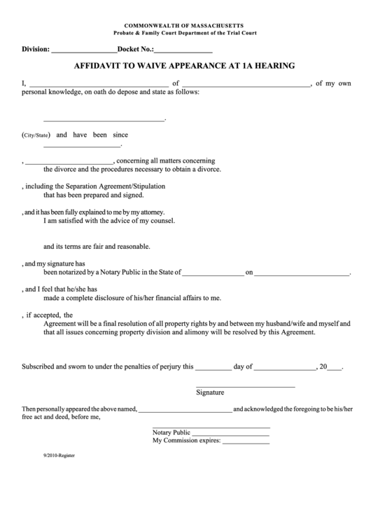 Fillable Affidavit To Waive Appearance At 1a Hearing Form Printable pdf