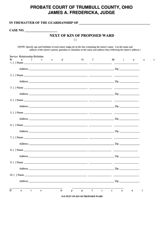 Fillable Form 15.0 Next Of Kin Of Proposed Ward - Probate Court Of Trumbull County Printable pdf