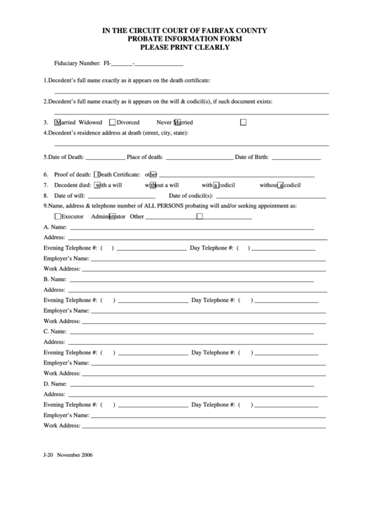 Probate Information Form - Ccr-J-20 Printable pdf