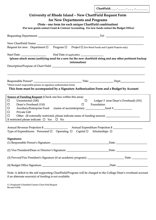 Fillable New Chartfield Request Form For New Departments And Programs Printable pdf