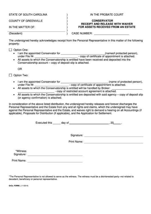 Fillable Grco. Form L Conservator Receipt And Release With Waiver For Assets Received From An Estate Printable pdf