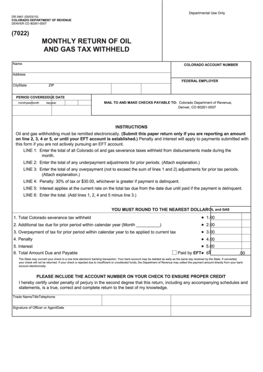Form Dr 0461 - Monthly Return Of Oil And Gas Tax Withheld - Department Of Revenue, State Of Colorado Printable pdf