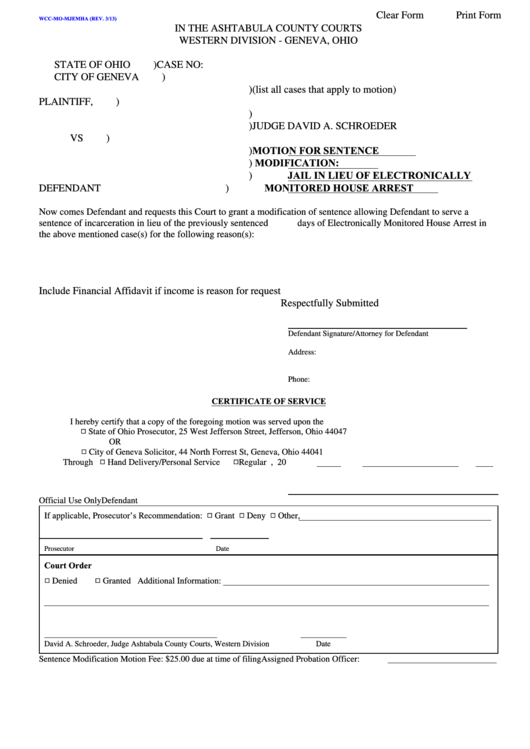 Fillable Motion For Sentence Modification: Jail In Lieu Of Electronically Monitored House Arrest - Ashtabula County Courts Printable pdf