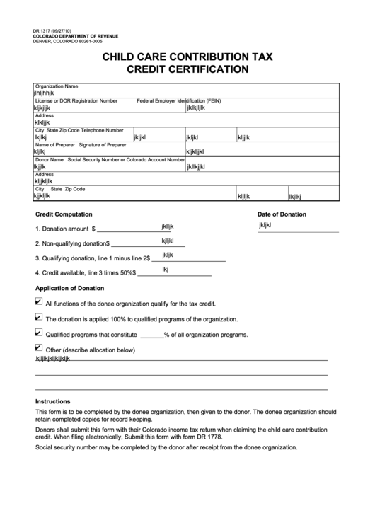 Fillable Form Dr 1317 - Child Care Contribution Tax Credit Certification Printable pdf