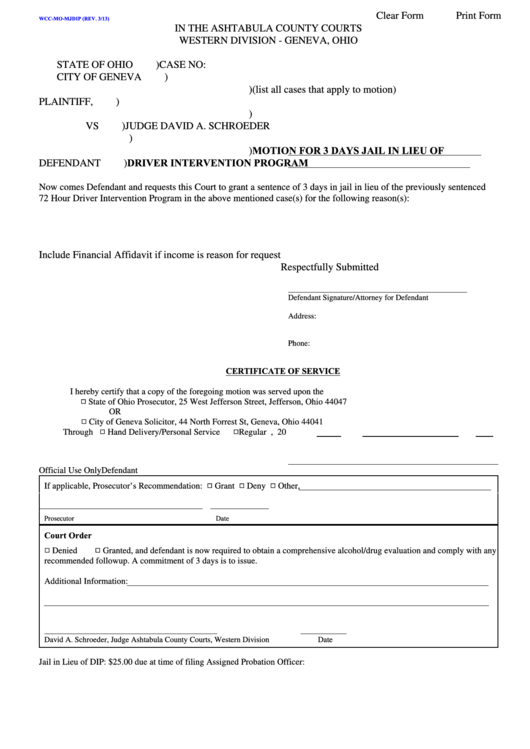 Fillable Motion For 3 Days Jail In Lieu Of Driver Intervention Program - Ashtabula County Courts Printable pdf