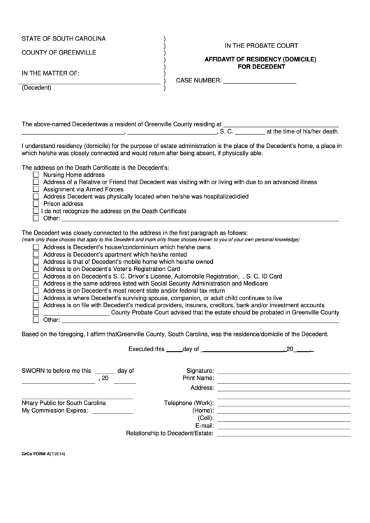 Fillable Grco Form A Affidavit Of Residency (Domicile) For Decedent - County Of Greenville Printable pdf