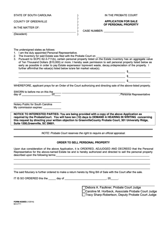 Fillable Form #329es - Application For Sale Of Personal Property - 2014 Printable pdf