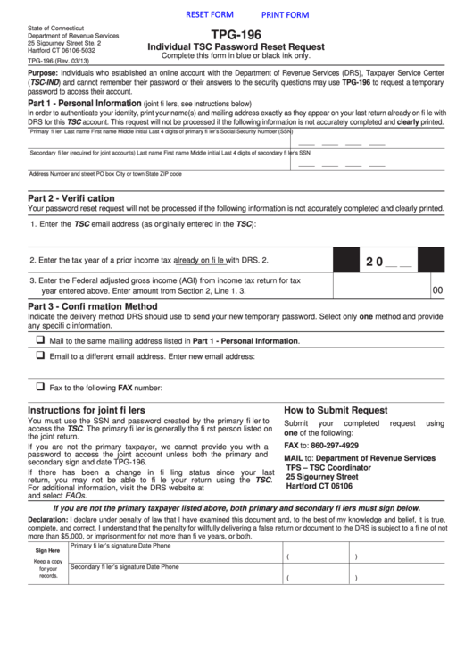 Fillable Form Tpg-196 - Individual Tsc Password Reset Request - Department Of Revenue Services, State Of Connecticut Printable pdf
