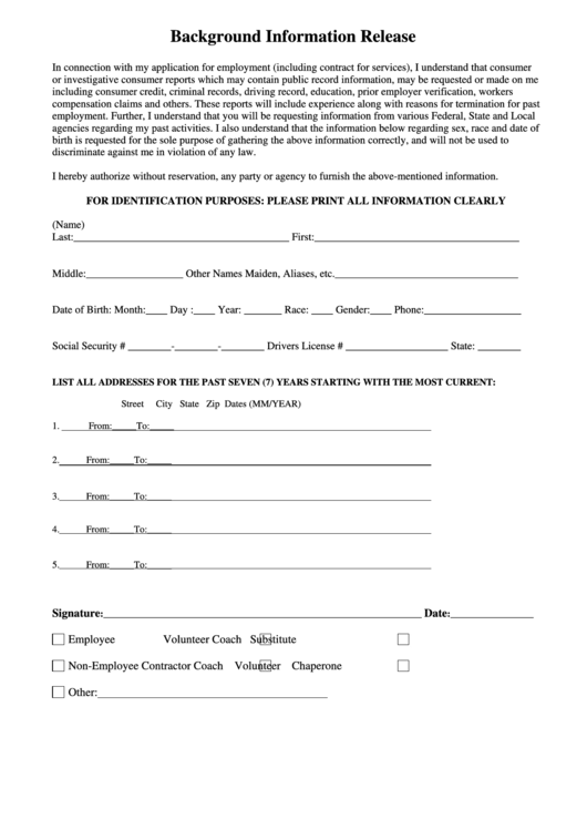 Fillable Background Information Release Form Printable pdf