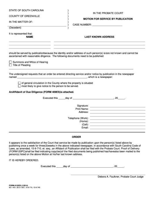 Fillable Form 122es - Motion For Service By Publication - County Of Greenville Printable pdf