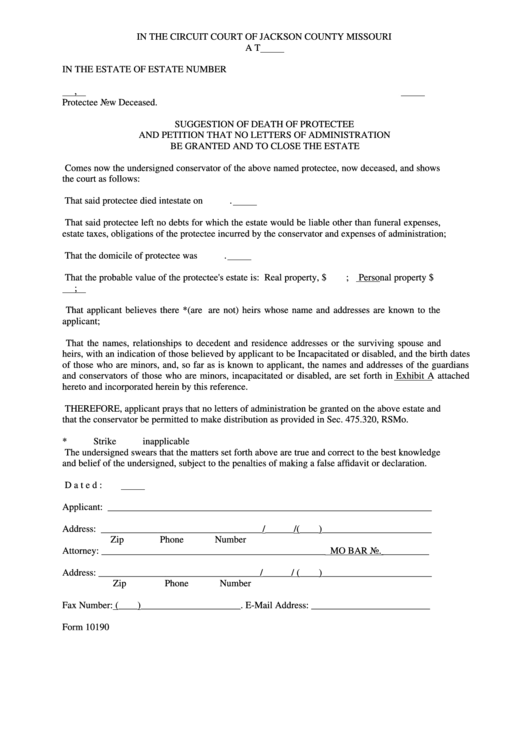 Form 10190 Suggestion Of Death Of Protectee And Petition That No Letters Of Administration Be Granted And To Close The Estate Printable pdf