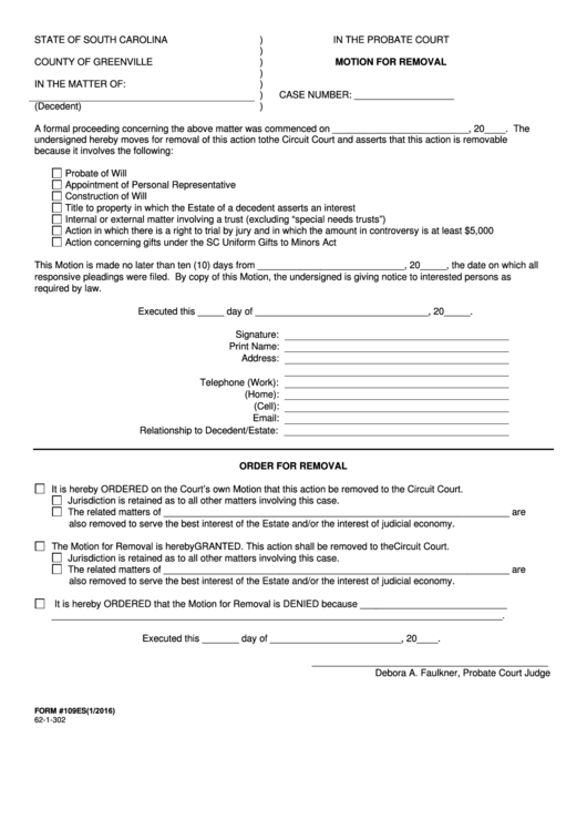 Fillable Form 109es - Motion For Removal - County Of Greenville Printable pdf