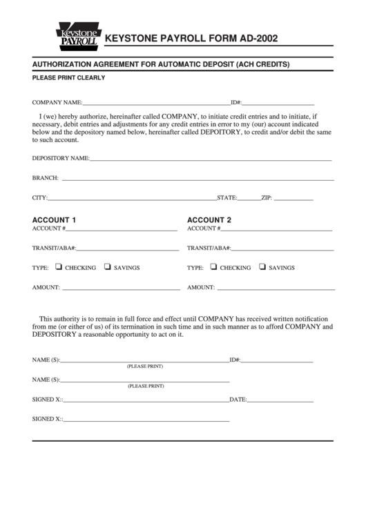 Keystone Payroll Form Ad-2002 - Authorization Agreement For Automatic Deposit Printable pdf