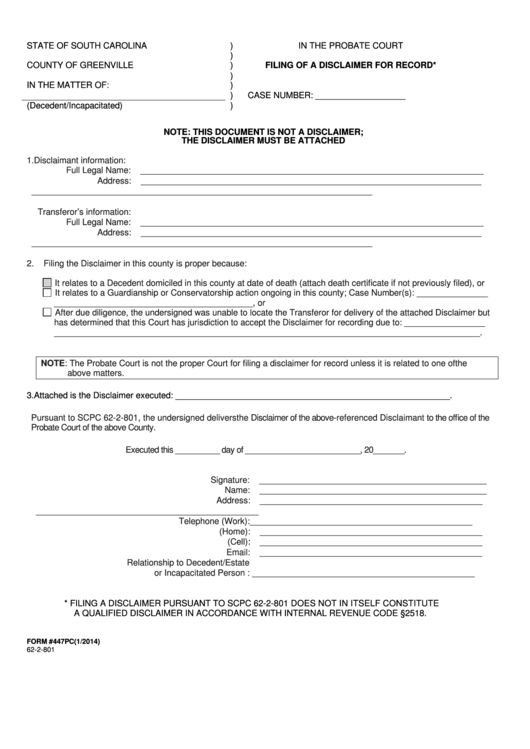 Fillable Form 447pc - Filing Of A Disclaimer For Record - County Of Greenville Printable pdf