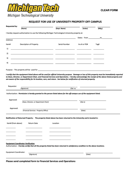 Fillable Request For Use Of University Property Off Campus Form Printable pdf