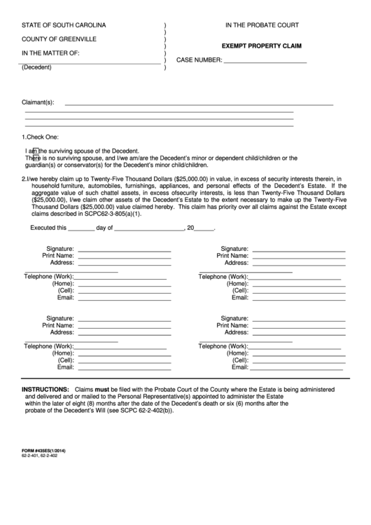 Fillable Form 435es Exempt Property Claim - County Of Greenville Printable pdf